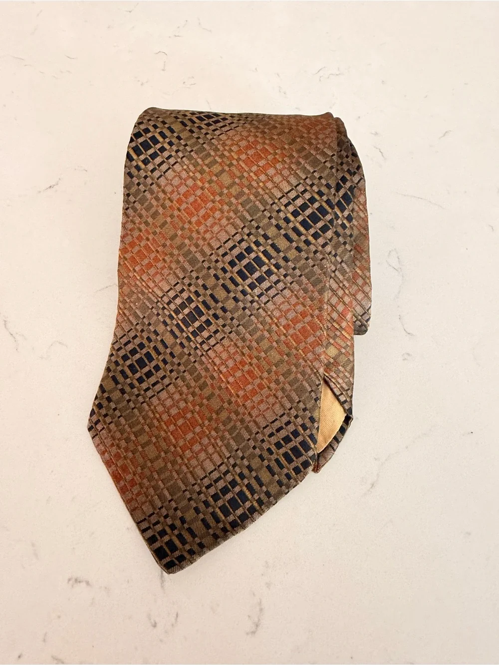 Yves Saint Laurent Brown and Orange Geometric Silk Tie